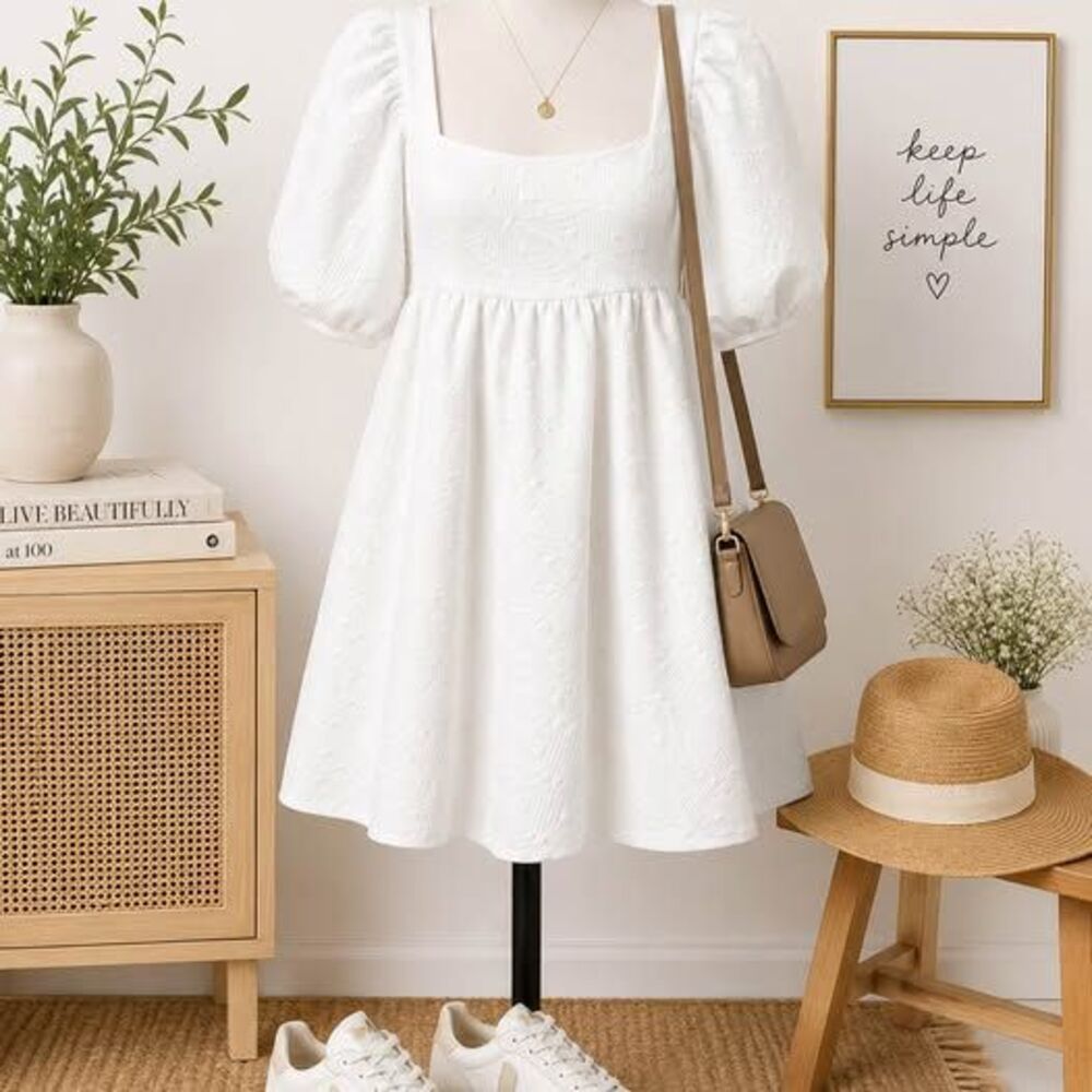Free People White Textured Puff Sleeve Mini Dress – Size Small